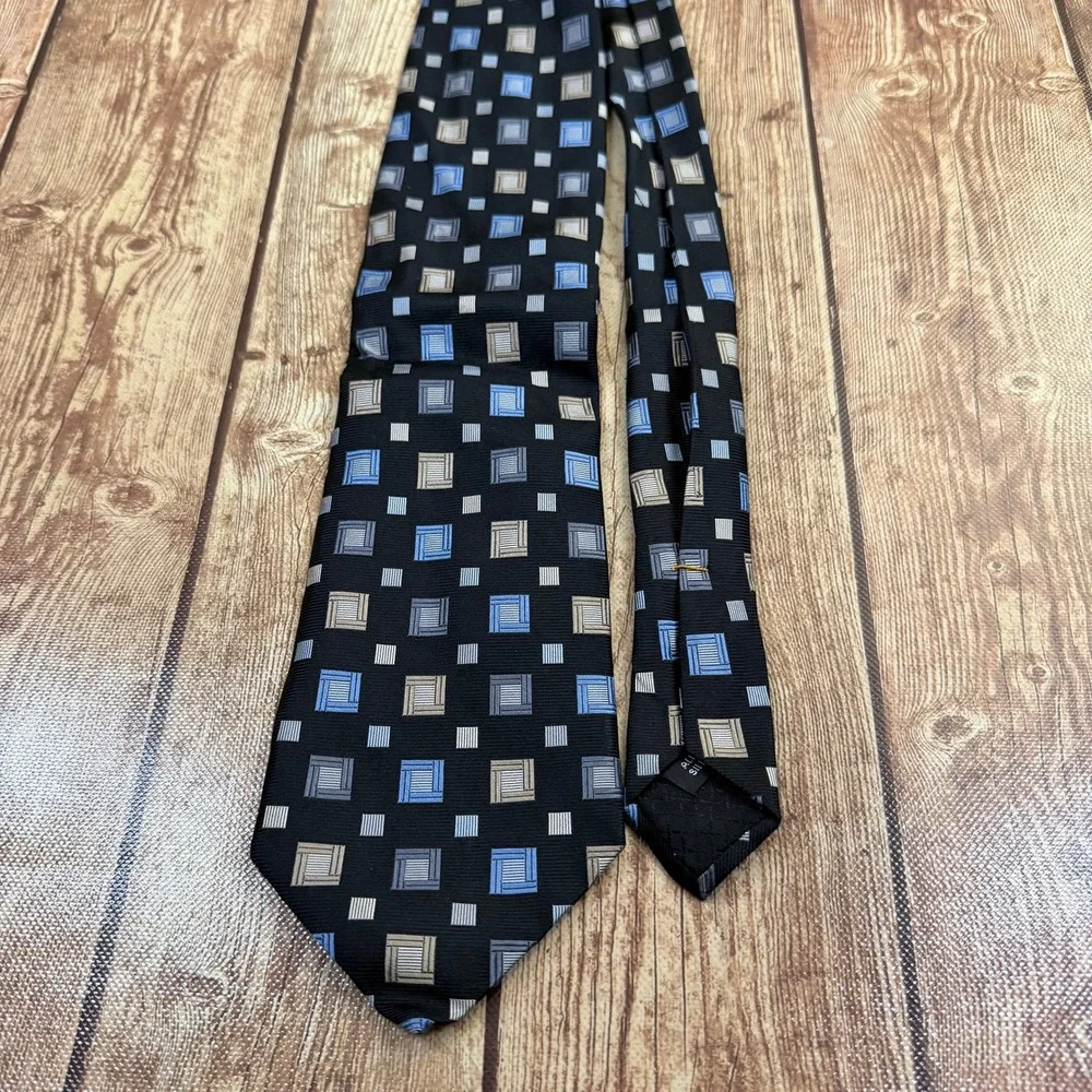 Tom James Innocenti Oro Necktie Men One Size Black Blue Geometric Silk Hand Made